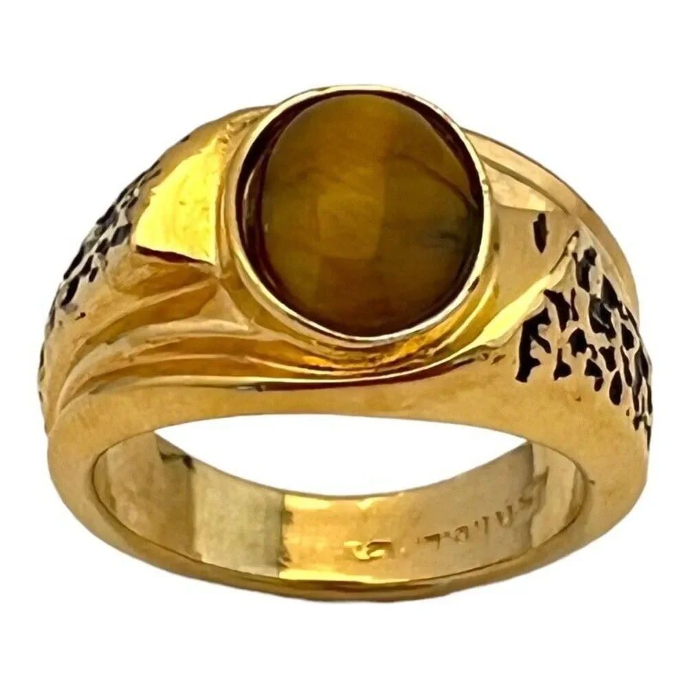 Vintage 1970s Ring Size 10 Uncas Tiger's Eye 14K Gold Plate Gent's - 14N